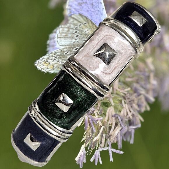 Vtg Geo Glam Enamel Clamper Silver Tone Hinge Bangle Bracelet Green Pink & Blue - Picture 11 of 12